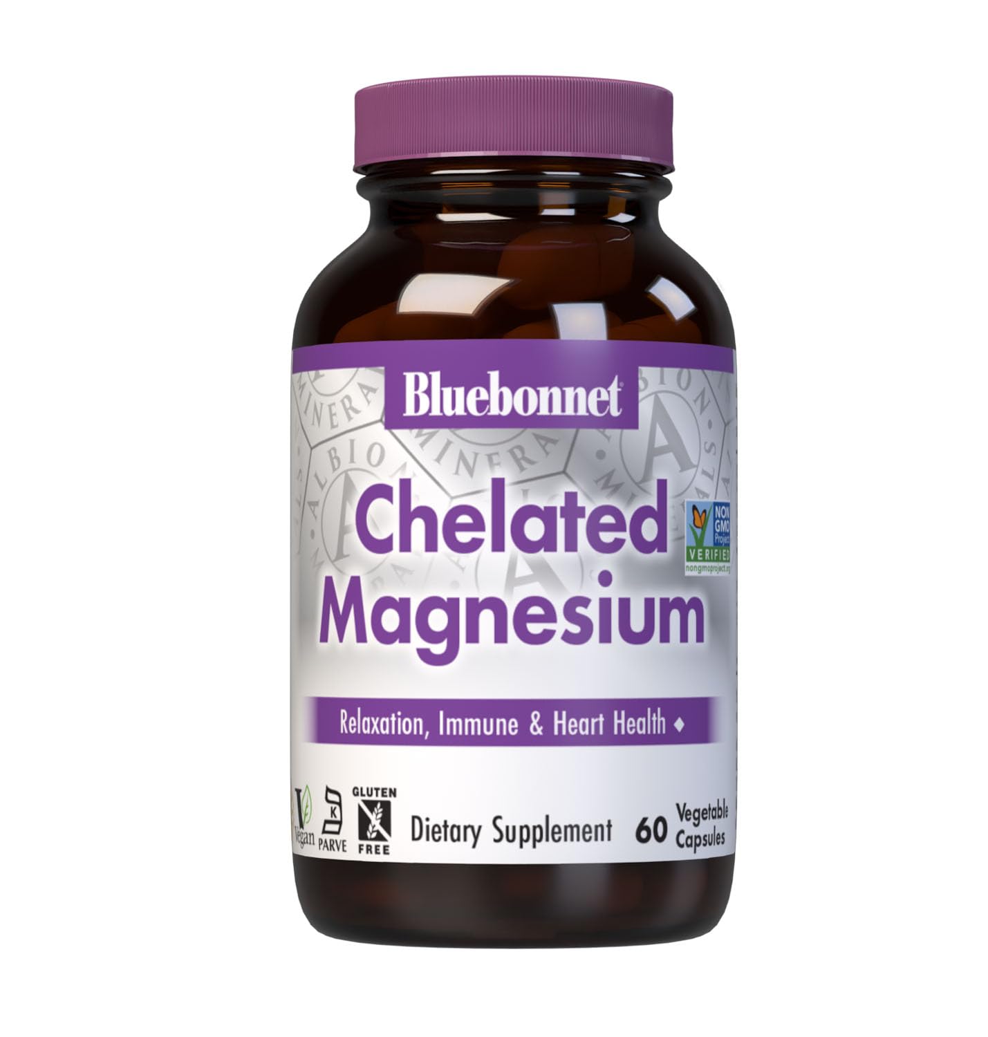 Bluebonnet Nutrition Albion Chelated Magnesium Vegetable Capsule, 200 mg, Stress Relief, Vegan, Non GMO, Gluten Free, Soy Free, Milk Free, Kosher, 60 Vegetable Capsule, 1 Month Supply Unflavored 60 Count (Pack of 1)