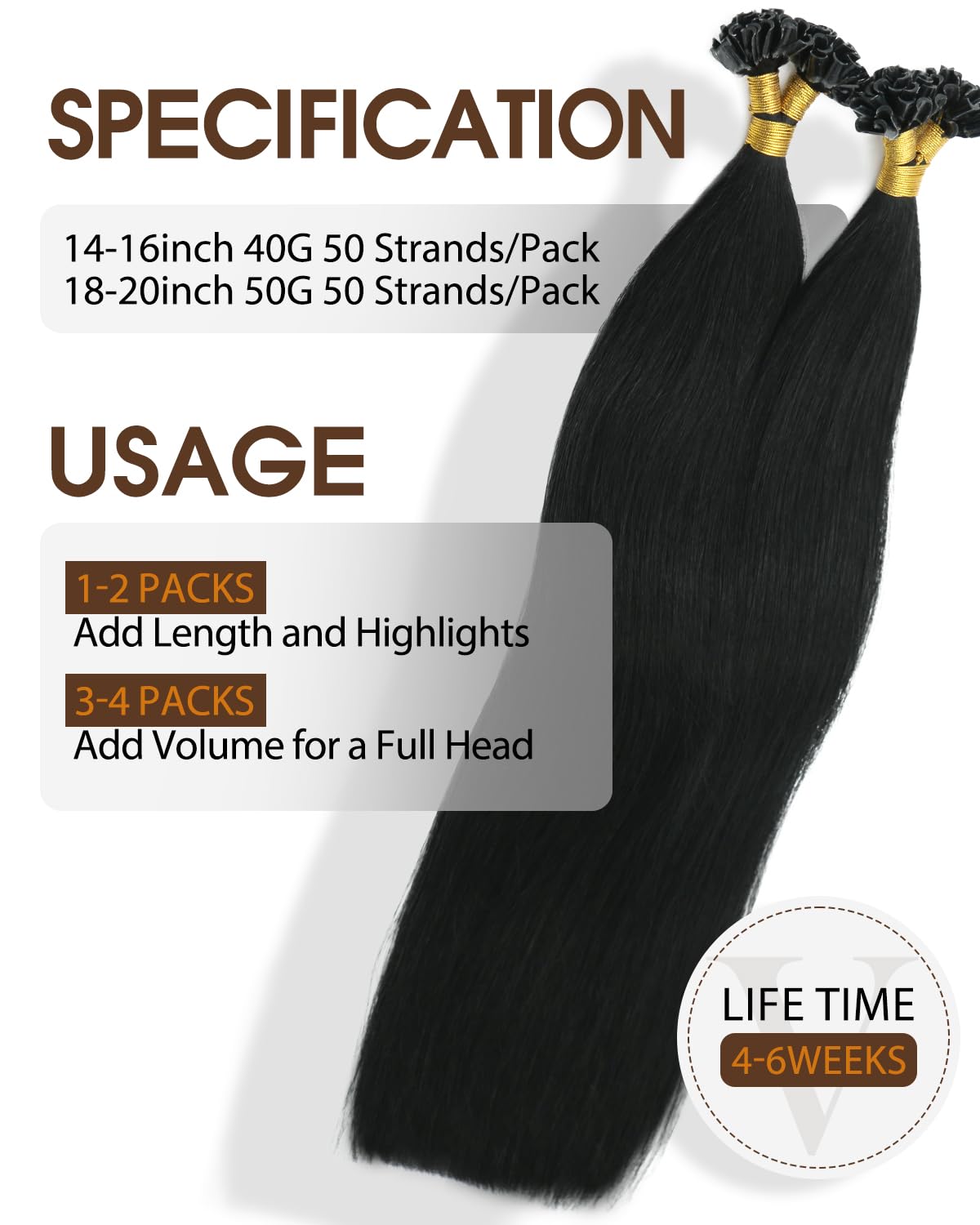 VINBAO Extension Cheratina Capelli Veri Nero Jet U Tip Extensions Hair 40cm 50Ciocche 40g Extension Capelli Veri Cheratina Remy Invisible Keratin Capelli Umani Lisci Estension (#UTip1, 16'')