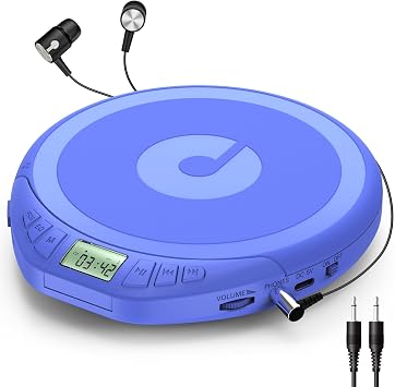 Gueray Portable CD Player with Earphone Car CD Discman Anti-Skip Shockproof Protection Personal Discman CD Music Player Support LCD Display PROG Memory Function H-01, Blue