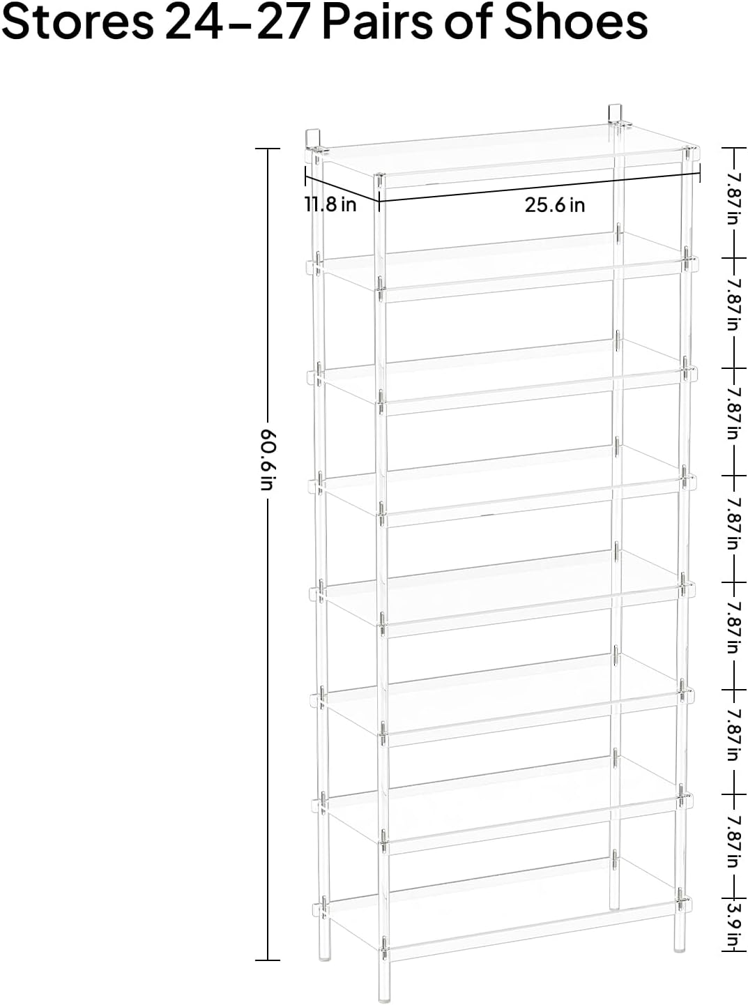 Aquiver 8 Tiers Acrylic Shoe Rack - Tall Shoe Rack for Entryway - Large Capacity Shoe Organizer - Clear Shoe Shelf Holds 24 Pairs, 25.6'' L x 11.8'' W x 60.6'' H, Easily Clean