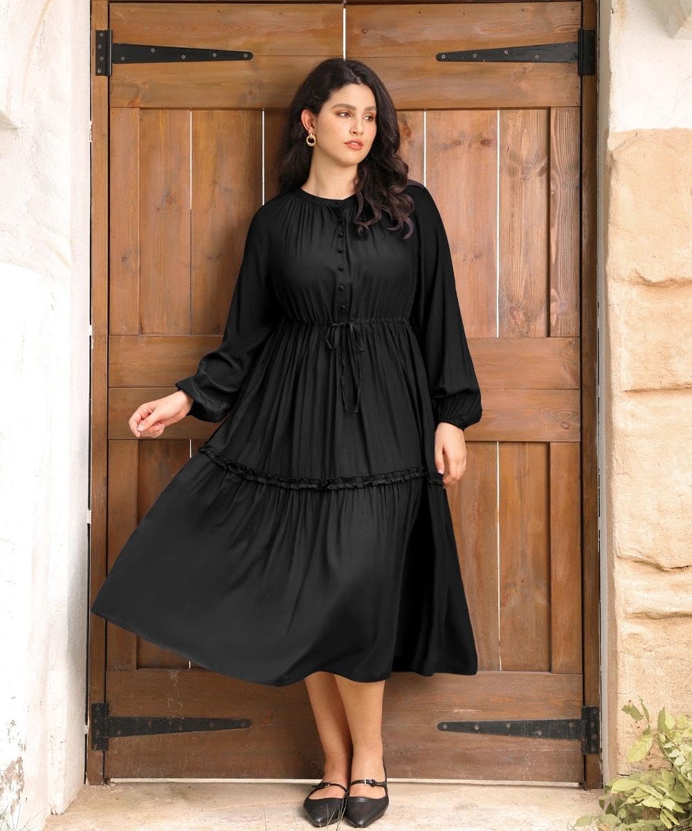 TIYOMI Women's Plus Size Fall Maxi Dresses 2025 Casual V Neck Button Drawstring Long Sleeve A Line Floral Boho Dress Pockets - Image 2