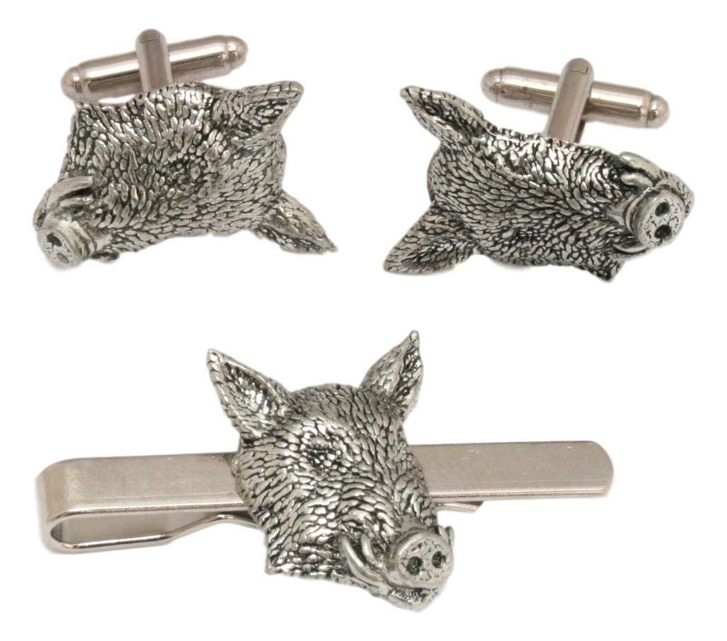 Set regalo con gemelli a forma di testa di cinghiale e fermacravatta