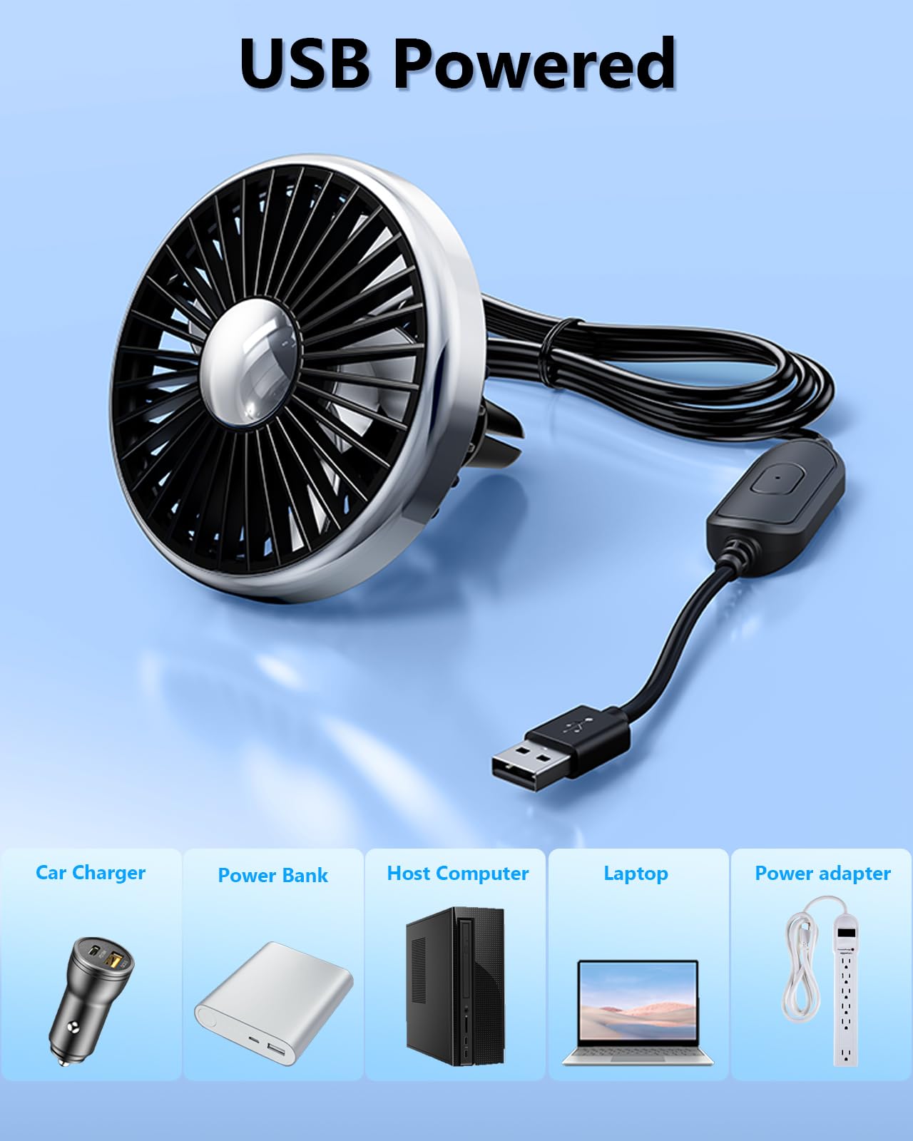 Ventilateur USB de voiture puissant, 3 vitesses, pour SUV, van, camping-car, pickup, ventilateur portable de refroidissement