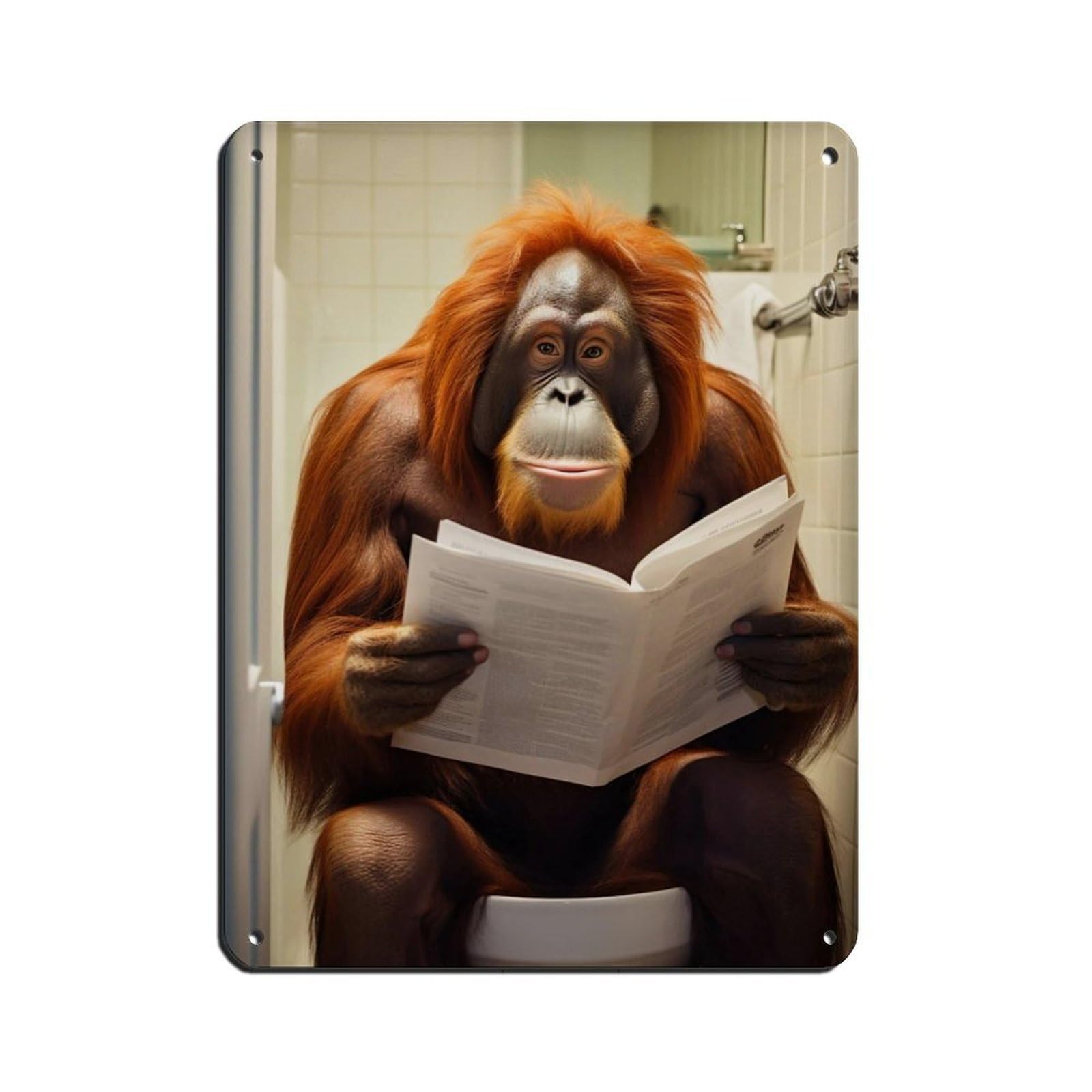 Lxwnze 30L X 40W Cm Orangutan Ape Sitting On The Toilet Reading A Newspaper Retro Poster Metal Tin Sign Chic Art Retro Iron Painting Bar People Cave Cafe Family Garage Poster Wall Decoration 12X16inch(30X40cm)