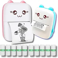 Mini impressora térmica portátil sem fio 200dpi (Azul) + 10 rolos papel adesivo térmico e 1 rolo comum 57 * 30mm impressão bluetooth para fotos scanners, etiquetas (azul)