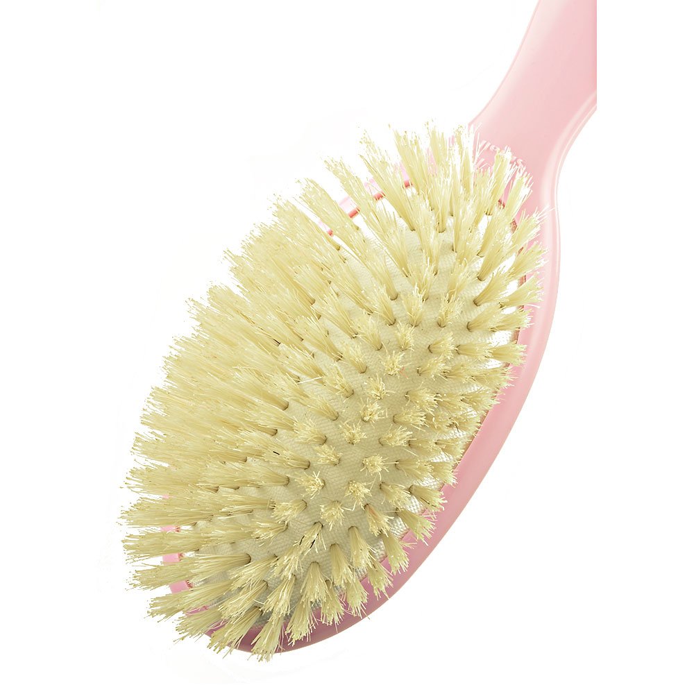 Bass Baby BS27 - Cepillo para el pelo, cerdas naturales 100 % puras y suaves, color blanco y dorado, bolsa de viaje para recién nacidos, bebés y niños pequeños con cabello fino, desenreda, masajea y