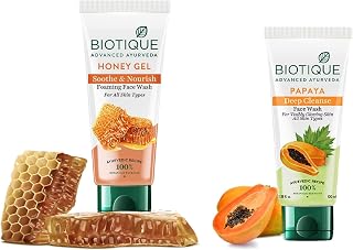 Biotique Bio Honey Gel Refreshing Foaming Face Wash for All Skin Types, 100ml and Biotique Bio Papaya Visibly Flawless Skin Face Wash (soft scrub) 100ml