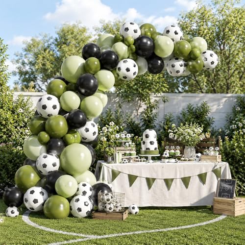 Image of Soccer Balloons, 60 Pcs 12 Inch Green Black White Balloons with Soccer Print for Boys Birthday Sports Party Soccer Theme Decorations