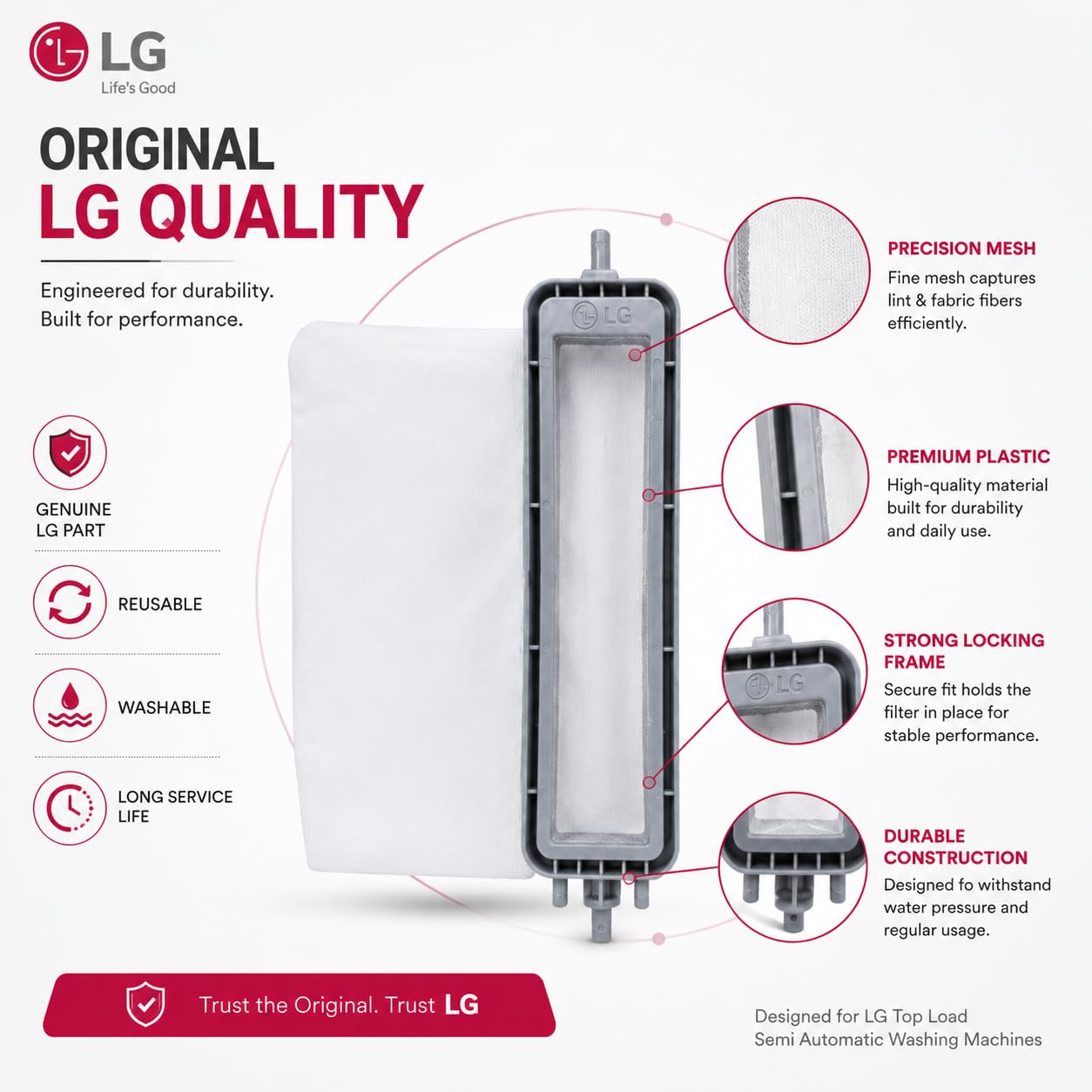 LG Original Fusselfilter für LG Halbautomatische Waschmaschine (5230FW3160G) | Original Staubfilter, Fusselfänger, Abfallsammler, Netz Jali Ersatzteil (1 Stück)