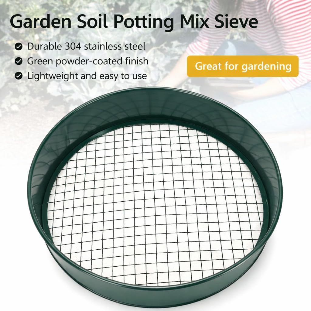 Garden Soil Potting Mix Sieve: Soil Sifting Pan with 4 Interchangeable Filter Mesh Sizes 3 6 9 12 mm - Essential Planting Sifter Tool for Soil Filtering Dark Green