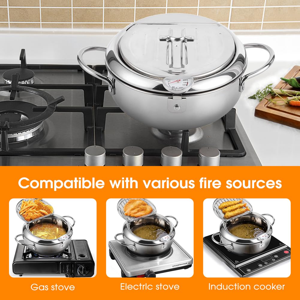 Friggitrice Giapponese In Acciaio Inox Con Termometro – Capacità 2,2 L, Manico Freddo E Griglia Rimovibile