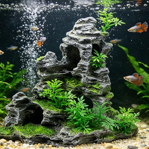 Image of Saim Aquarium Mountain View Stone Ornament, Artificial Mountain Hill View Stone Rock Cave Aquarium Decorations Fish Tank Decor for Betta Cichlids Hideaway Cave, Hermit Crab Hideout - Large