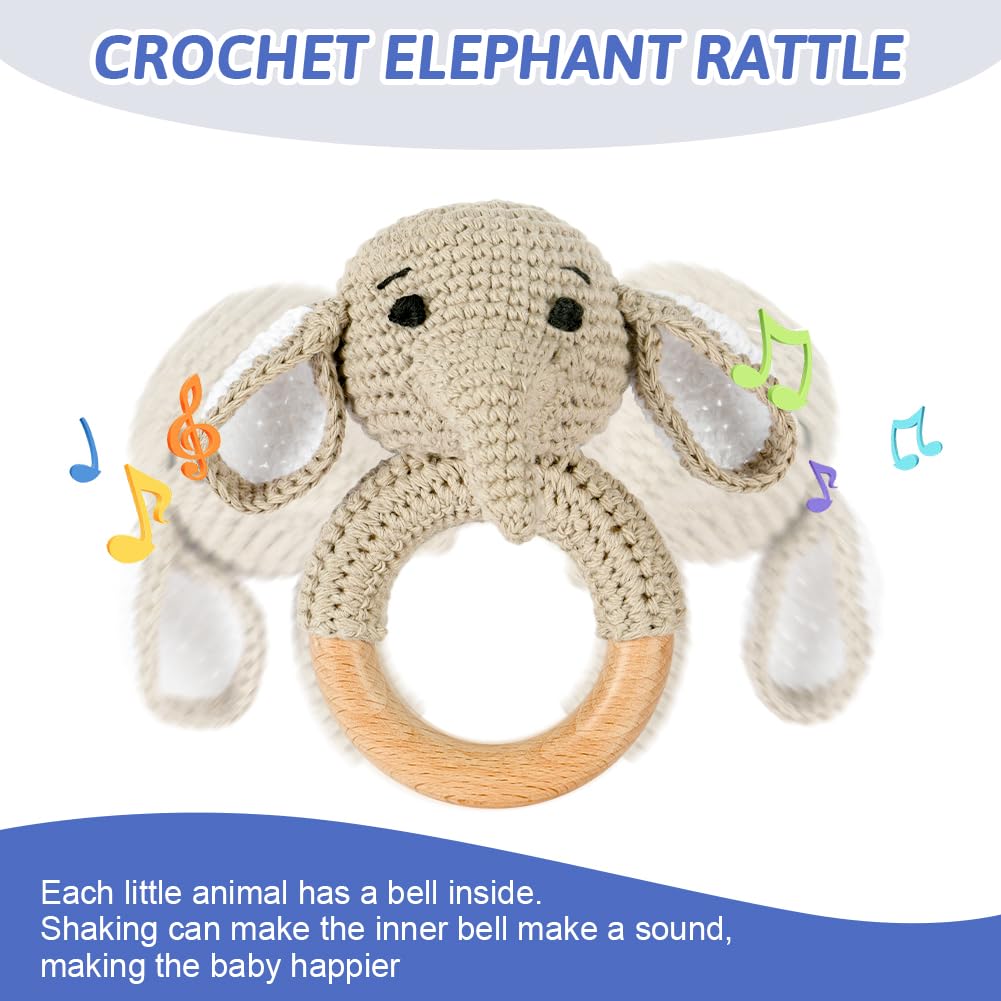 OFFCUP Baby Rattle, Wooden Crochet Animals Baby Soft Rattle Sensory Toys - Image 4