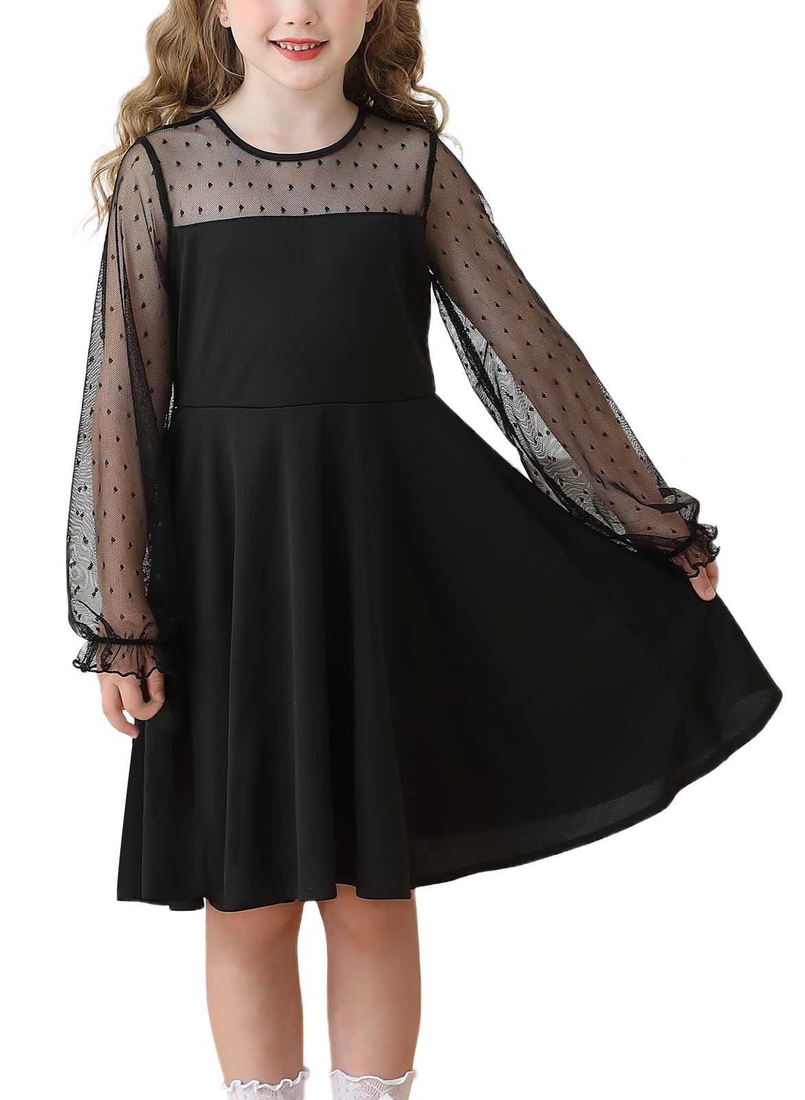 Happy Cherry Girls Long Sleeve Contrast Polka Dot Mesh Dress Round Neck Short Dresses A Line Tulle Formal Party Dress