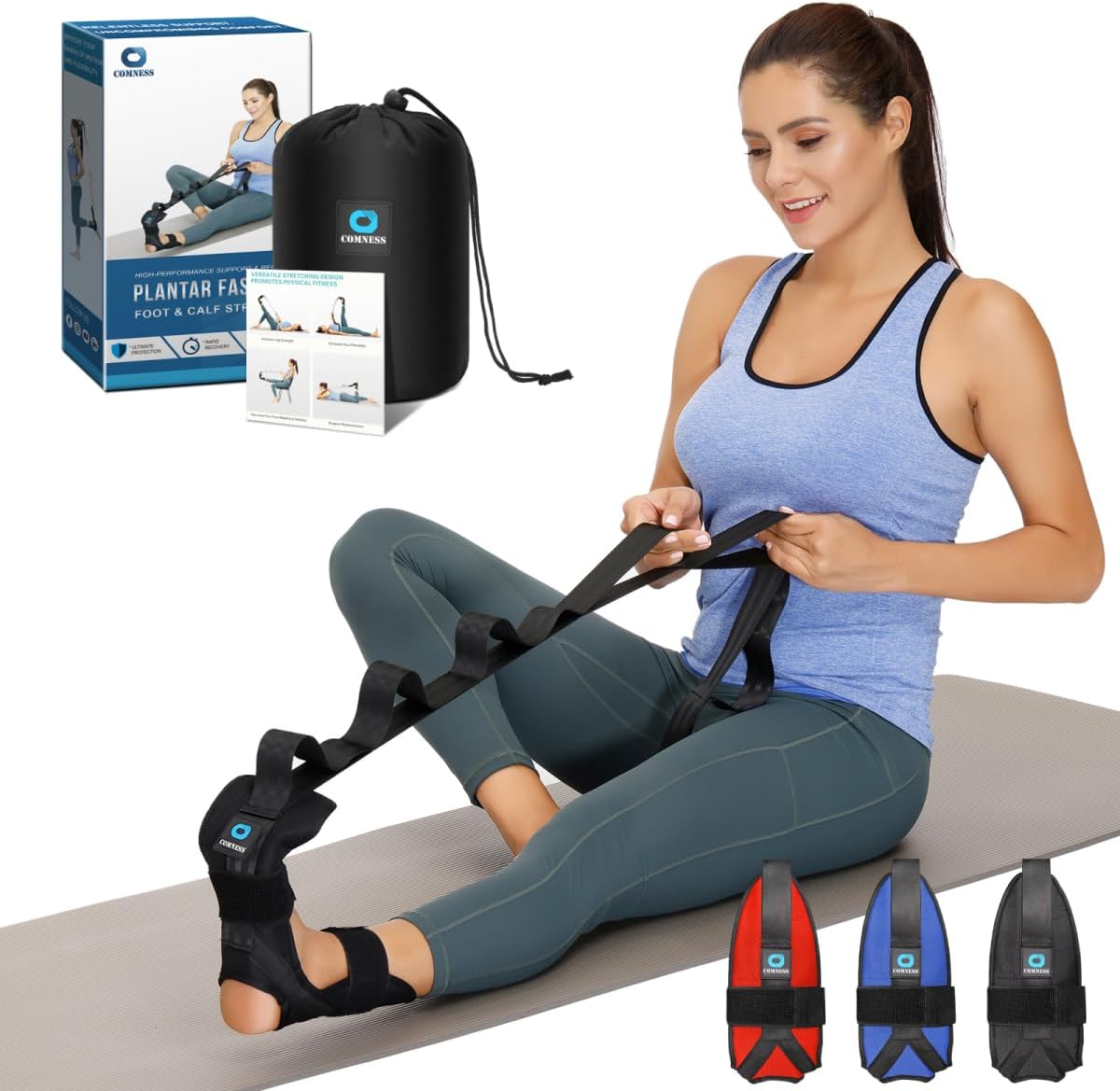 comness Foot and Calf Stretcher-Stretching Strap For Plantar Fasciitis, Heel Spurs, Foot Drop, Achilles Tendonitis & Hamstring Yoga Foot & Leg Stretch Strap (Black)