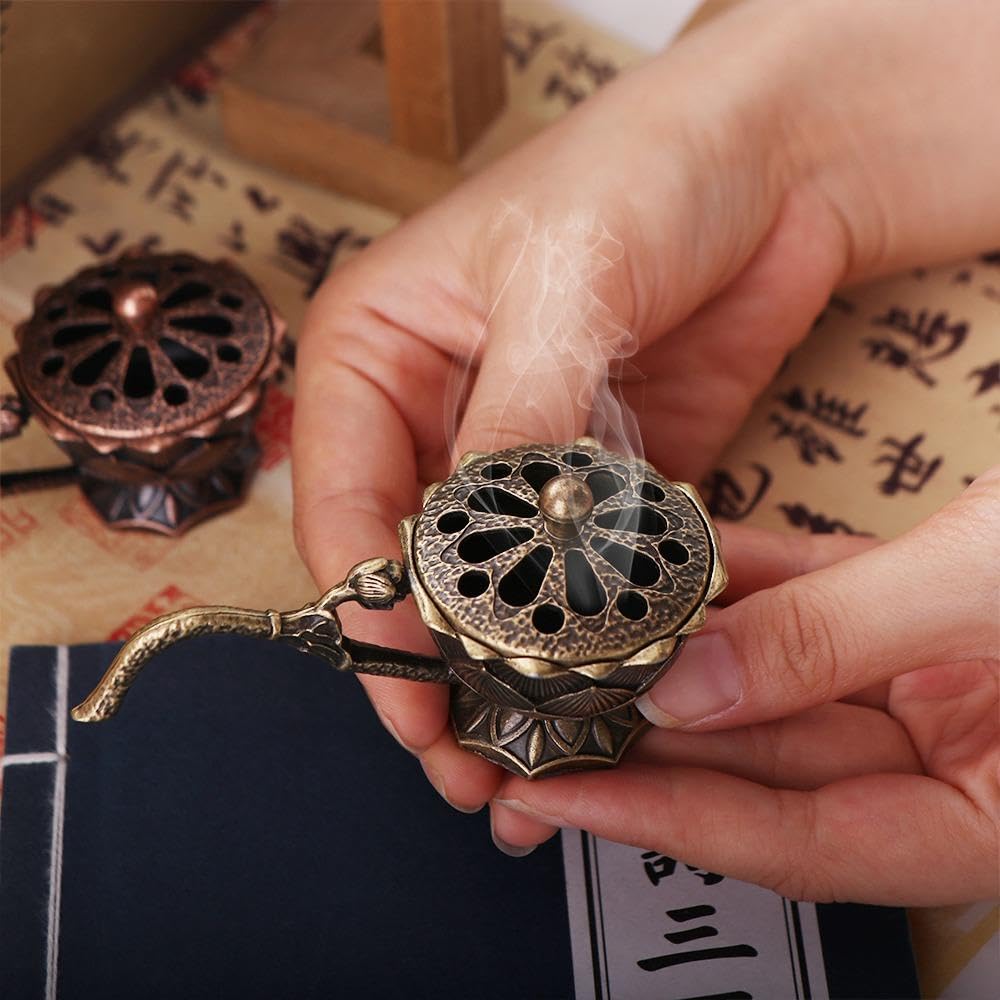 Portaincenso vintage a forma di fiore di loto, piccolo bruciatore di incenso, portatile, per studi di yoga, campeggio, giardino, patio, decorazione per la casa (bronzo
