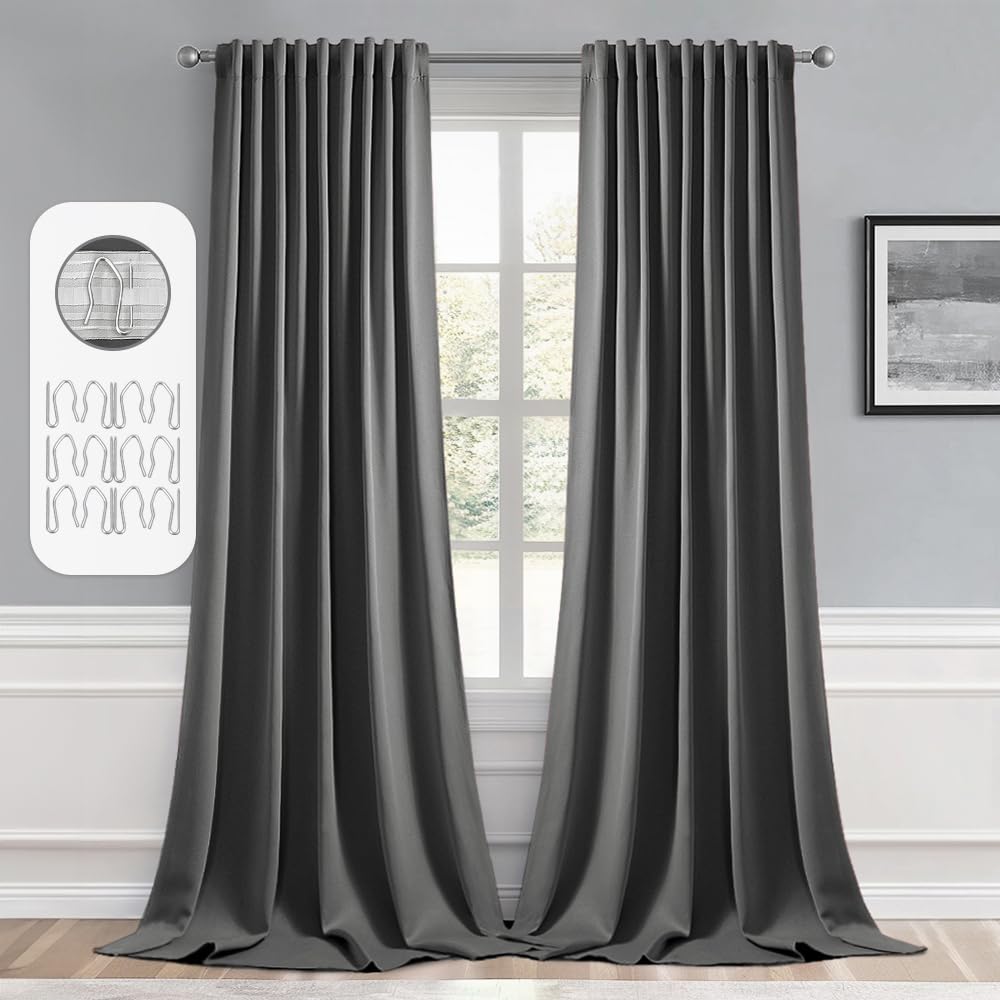 MIULEE Back Tab Grey Blackout Curtains 96 Inch Long 2 Panels Set for Living Room Bedroom, Rod Pocket/Pinch Pleated Long Thermal Insulated Room