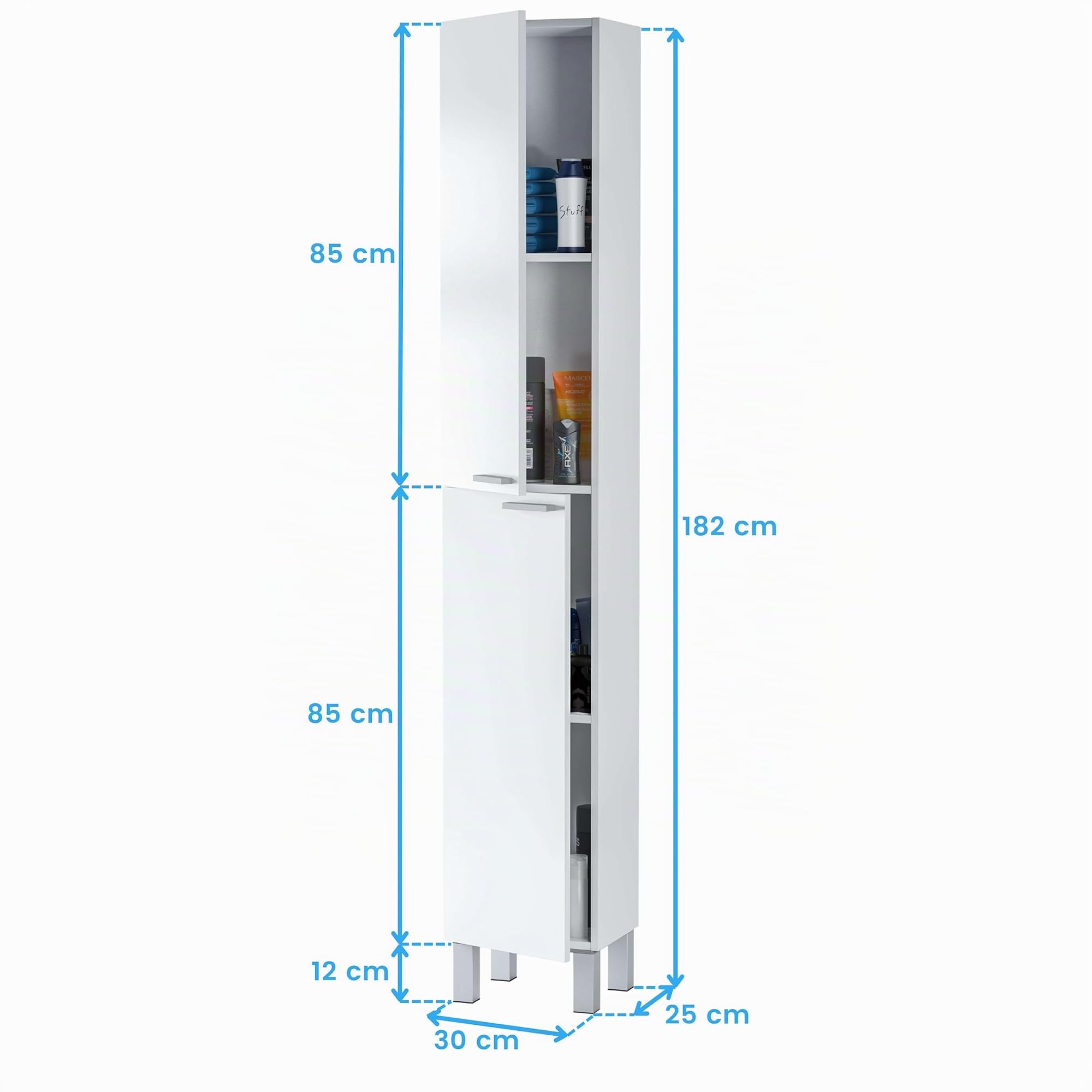 Columna de Baño Amara Melamina Color Blanco Brillo 2 Puertas 4 Estantes Elegante y Funcional 30x182x25 cm
