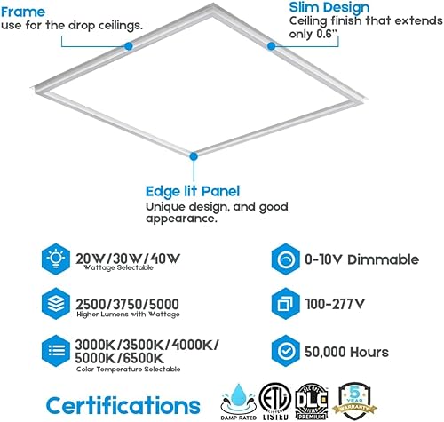 Miniatura 2 de Panel de luces LED de marco iluminado de 2 x 2 pies, 5CCT seleccionable 3000K-6500K, 260039005200LM, interruptor de 20W30W40W, luces de techo de