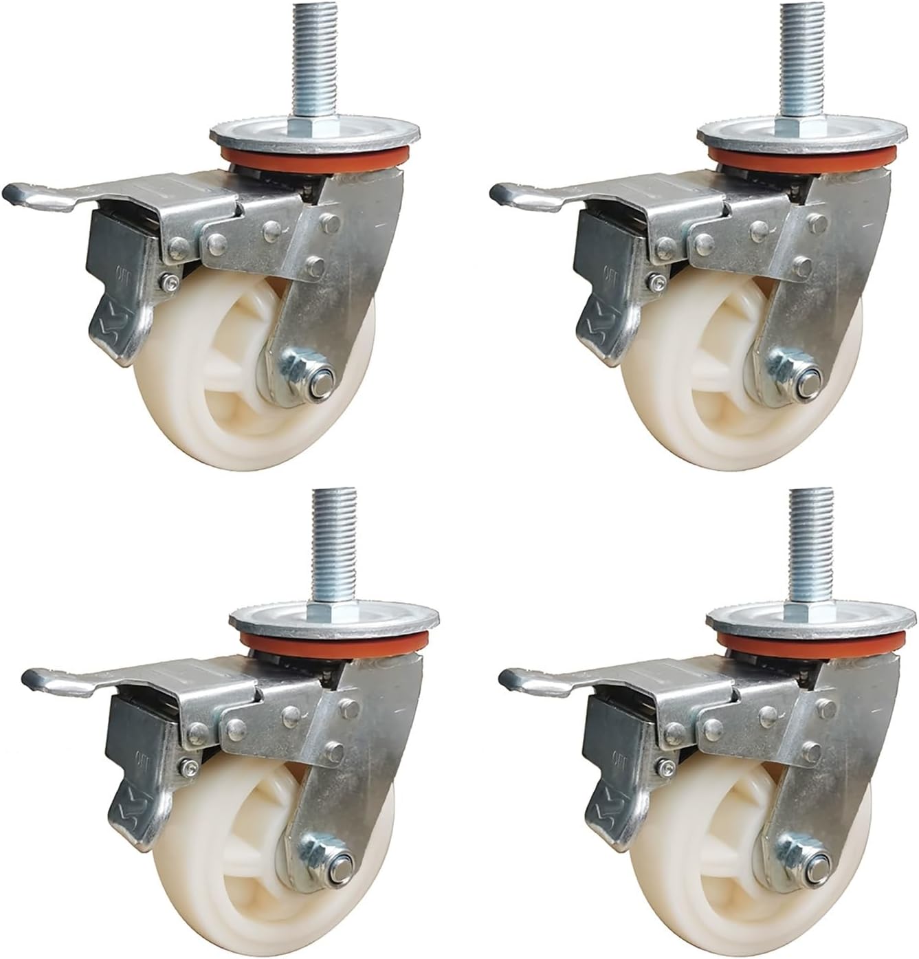 4 Inch Heavy Duty Industrial Casters, 4-Pack M16*30mm Threaded Stem Caster with Brake, No Noise Nylon Casters Load 1600lbs, for Furniture/Office Equipment(Swivel,100mm)