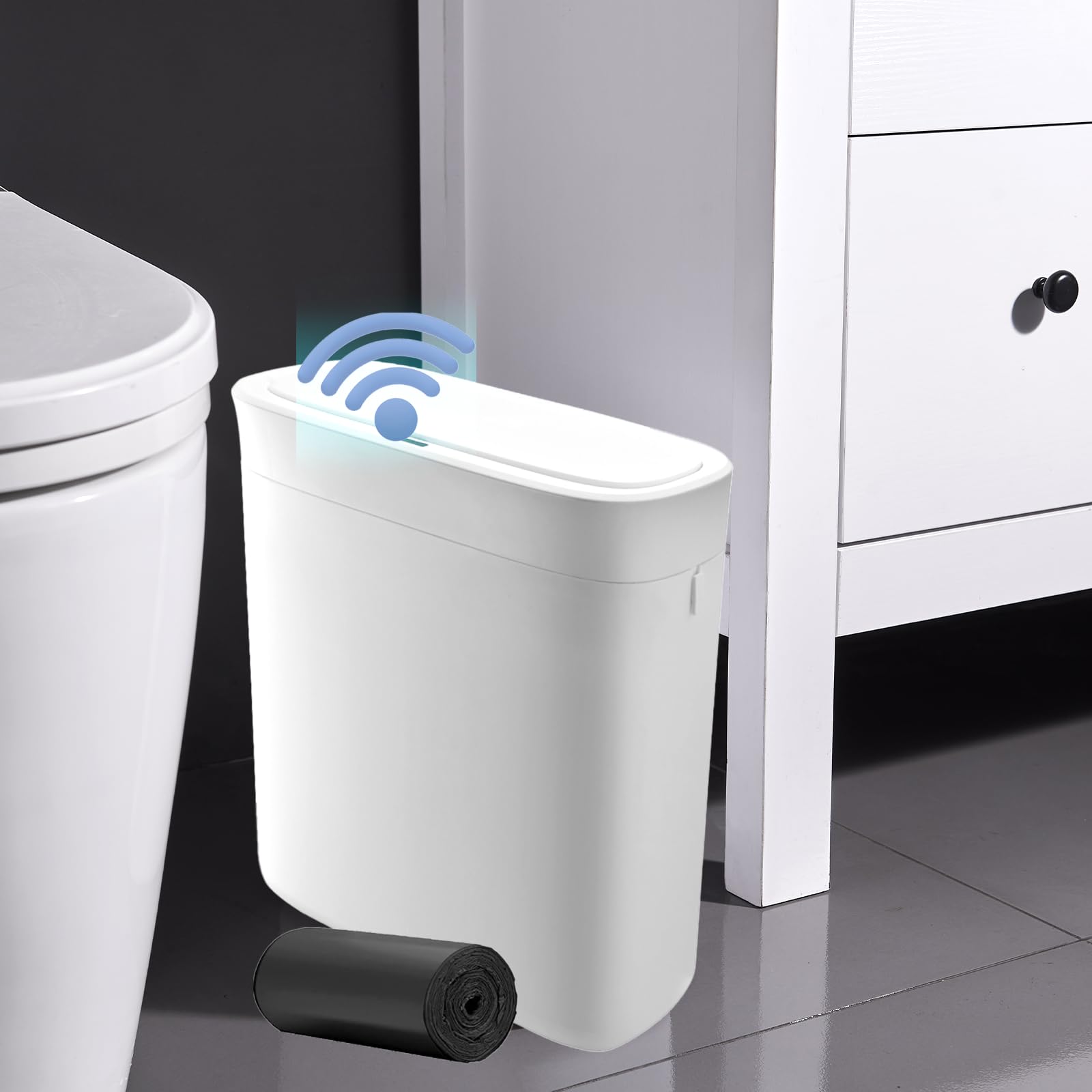 Cestino da Bagno con Coperchio Pattumiera Automatica Impermeabile, Cestino Intelligente Sottile da 12 L, Pattumiera Stretta con Sensore di Movimento e Sacchi la Spazzatura, per Cucina, Bianco