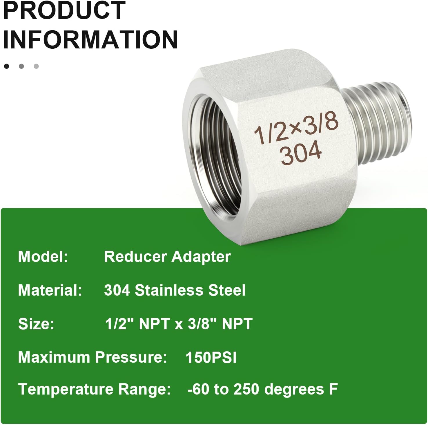 TAISHER 10PCS 304 Stainless Steel Pipe Fitting, New Reducer Adapter, 3/8" NPT Male x 1/2" NPT Female, Reducing Pipe Adapter Fitting