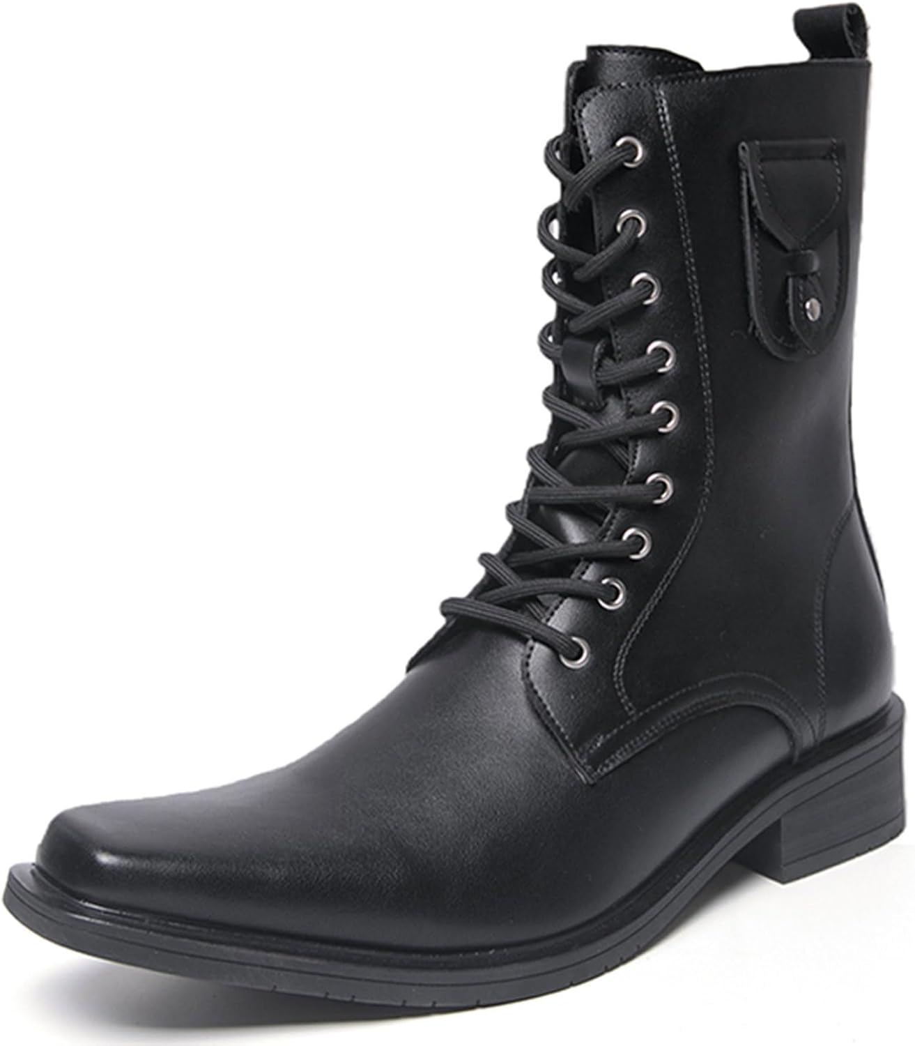 Men's Leather Pointed Toe Lace Up Mid-Calf Combat Boots Fashion Retro Side Zipper Chunky Low Heels Biker Knight Boots Riding Hunting Casual Motorcycle Booties