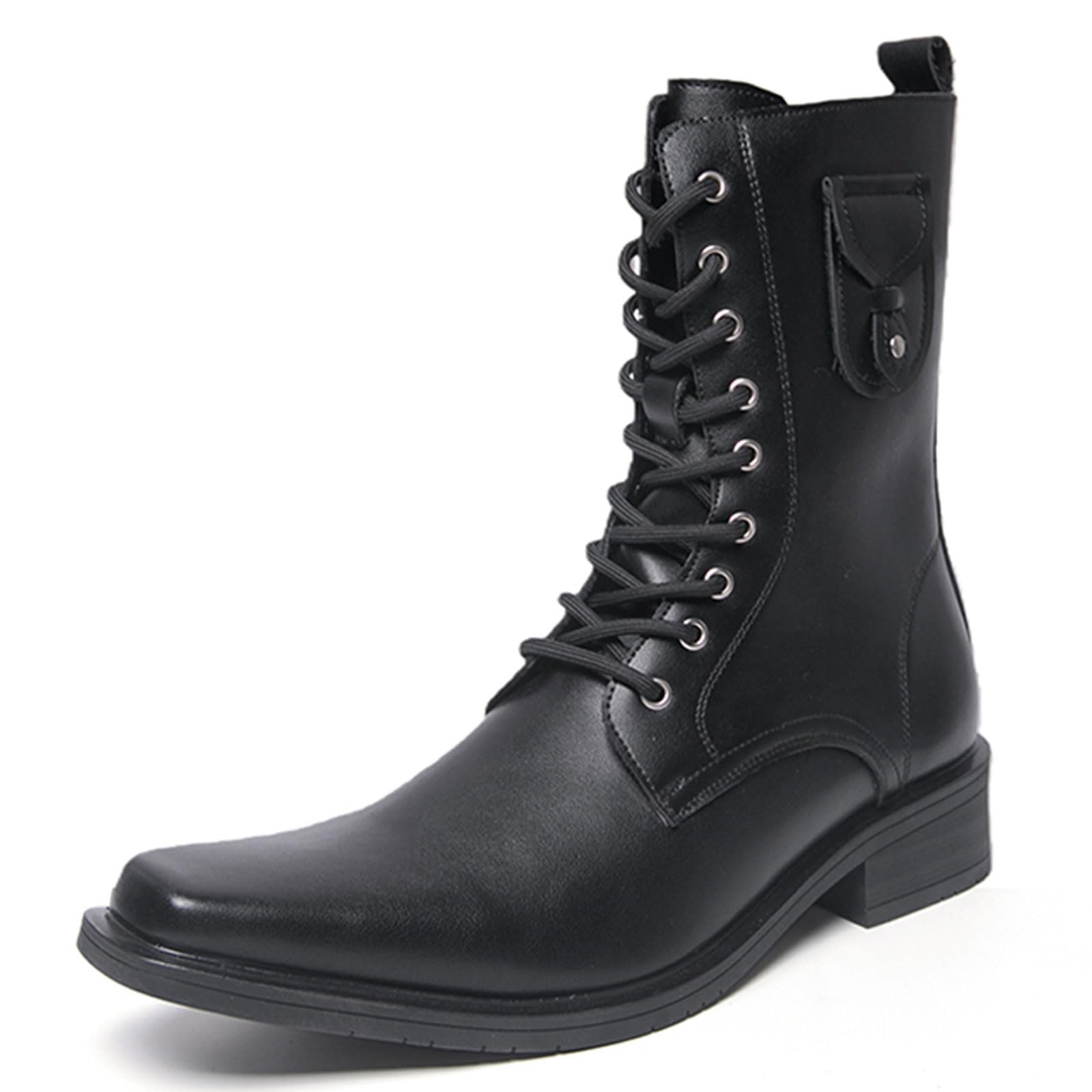 Men's Leather Pointed Toe Lace Up Mid-Calf Combat Boots Fashion Retro Side Zipper Chunky Low Heels Biker Knight Boots Riding Hunting Casual Motorcycle Booties