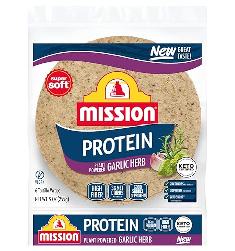 Mission Protein Garlic Herb Tortillas, 6 Count, 9 Oz, 3G Net Carbs, High Fiber, Low Carb, Keto Certified, Vegan - 2 Packs (12 Tortilla Wraps) #TOP1