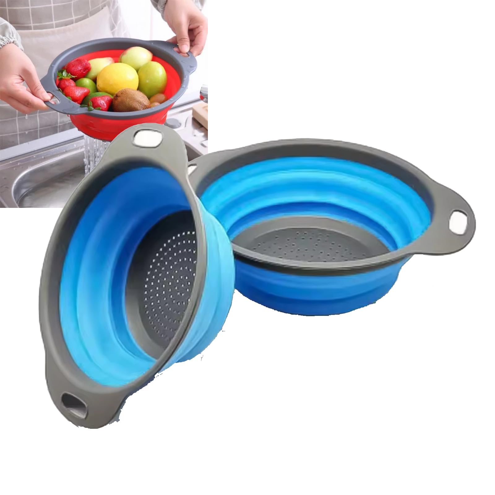 Colador plegable para cocina, paquete de 2, colador sobre fregadero con base autodrenante, juego de colador de gran capacidad para pasta, verduras y frutas, apto para lavavajillas (azul, 30 x 24,2 cm)