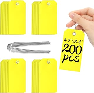 200 Pieces 4 3/4" x 2 3/8" Plastic Shipping Tags with Wire Waterproof Tags for Labeling Heavy Duty Plastic Tags Blank Tags to Write On with Reinforced for Equipment Car Parts Garage Storage(Yellow)