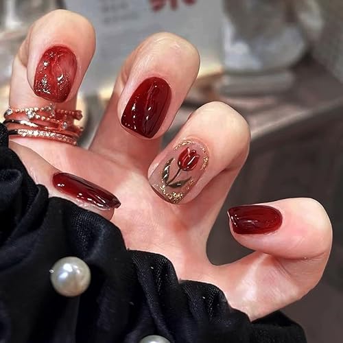Uñas postizas cuadradas cortas a presión, color rojo vino, lindas uñas postizas a presión con lámina dorada con purpurina, diseño de flores, uñas