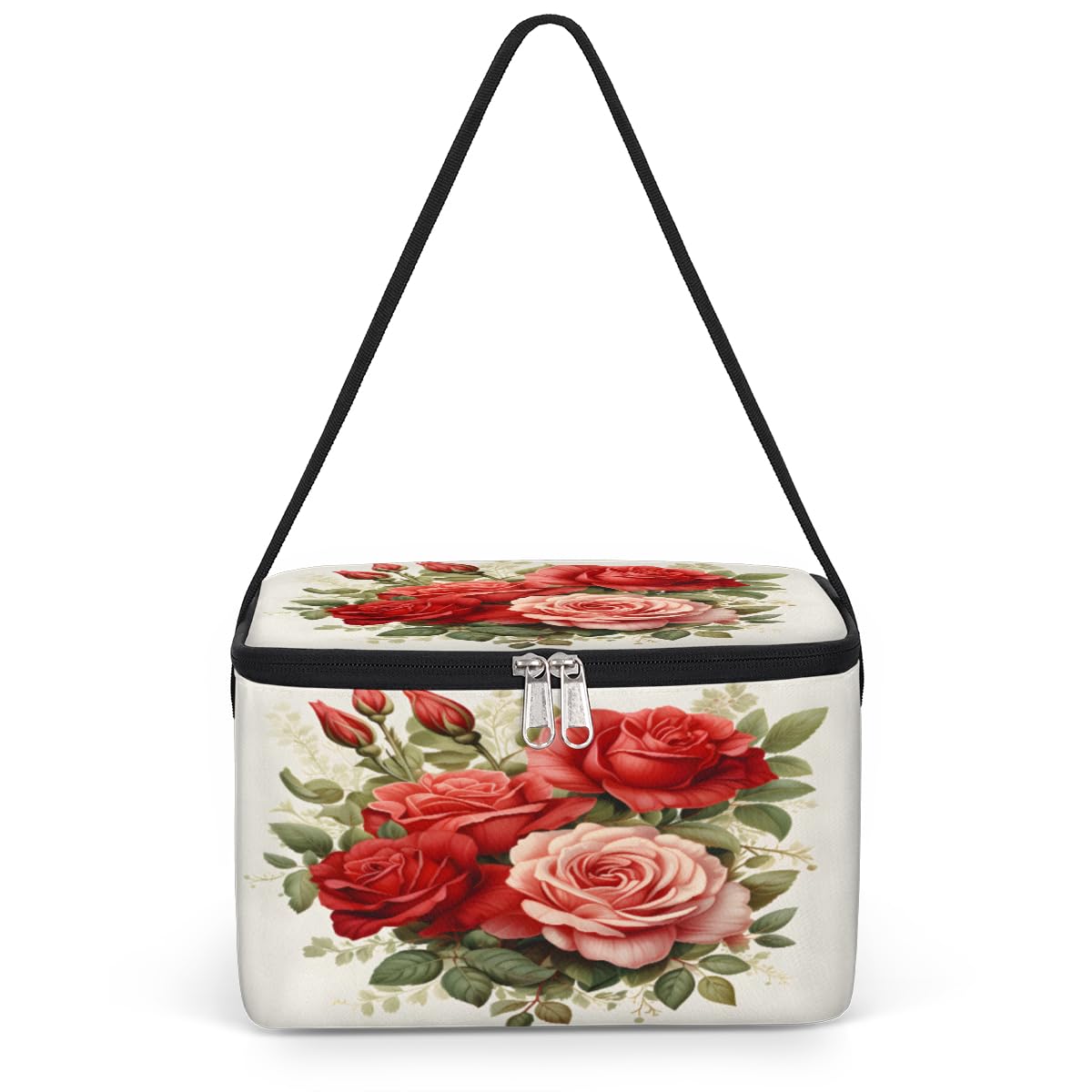 GzLeyigou Blooming Red Roses Lunch Bags for Women Men 9 Cans, Hot & Cold Food Delivery Bag Insulated Grocery Bag Insulated Lunch Box Flowers Cooler Bag for Office Work Picnic Beach