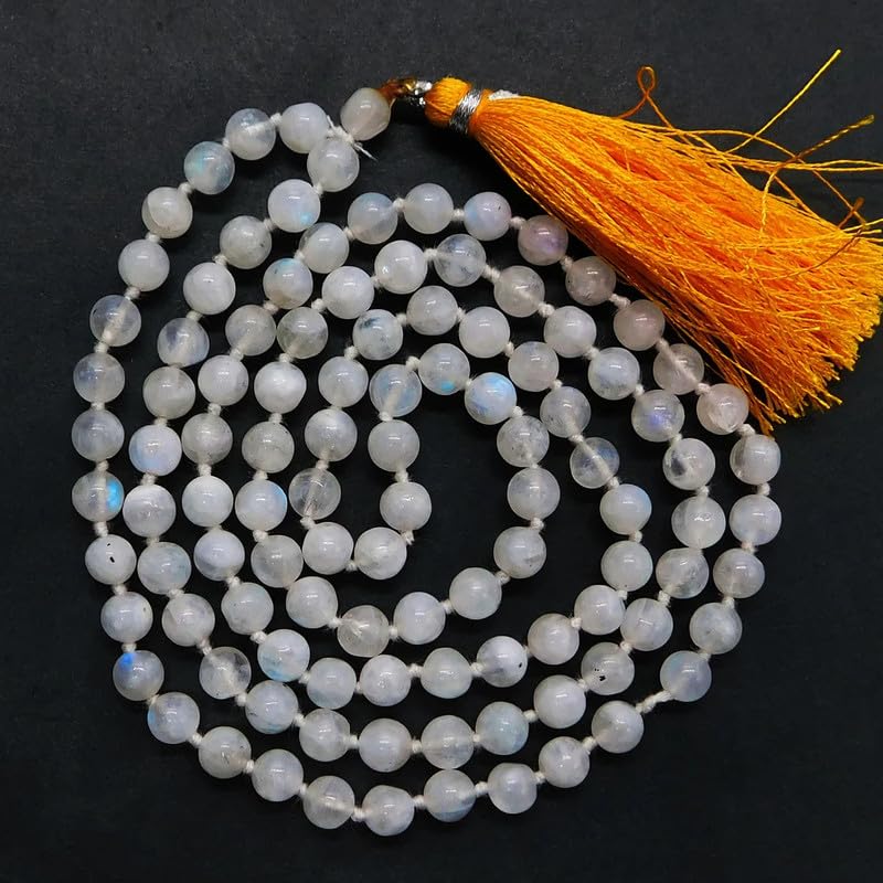 Collar Mala Natural AAA arcoíris blanco 108|Collar Mala con cuentas de oración 108| Mala anudada a mano | Japa Mala| Cuentas redondas de 6 mm | Borla de meditación