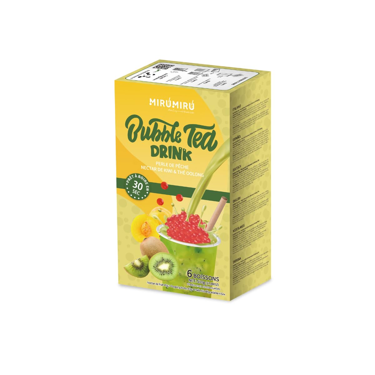 Kit de Bubble Tea MiruMiru Perla de Melocotón y Néctar de Kiwi con Té Oolong para 6 Bebidas