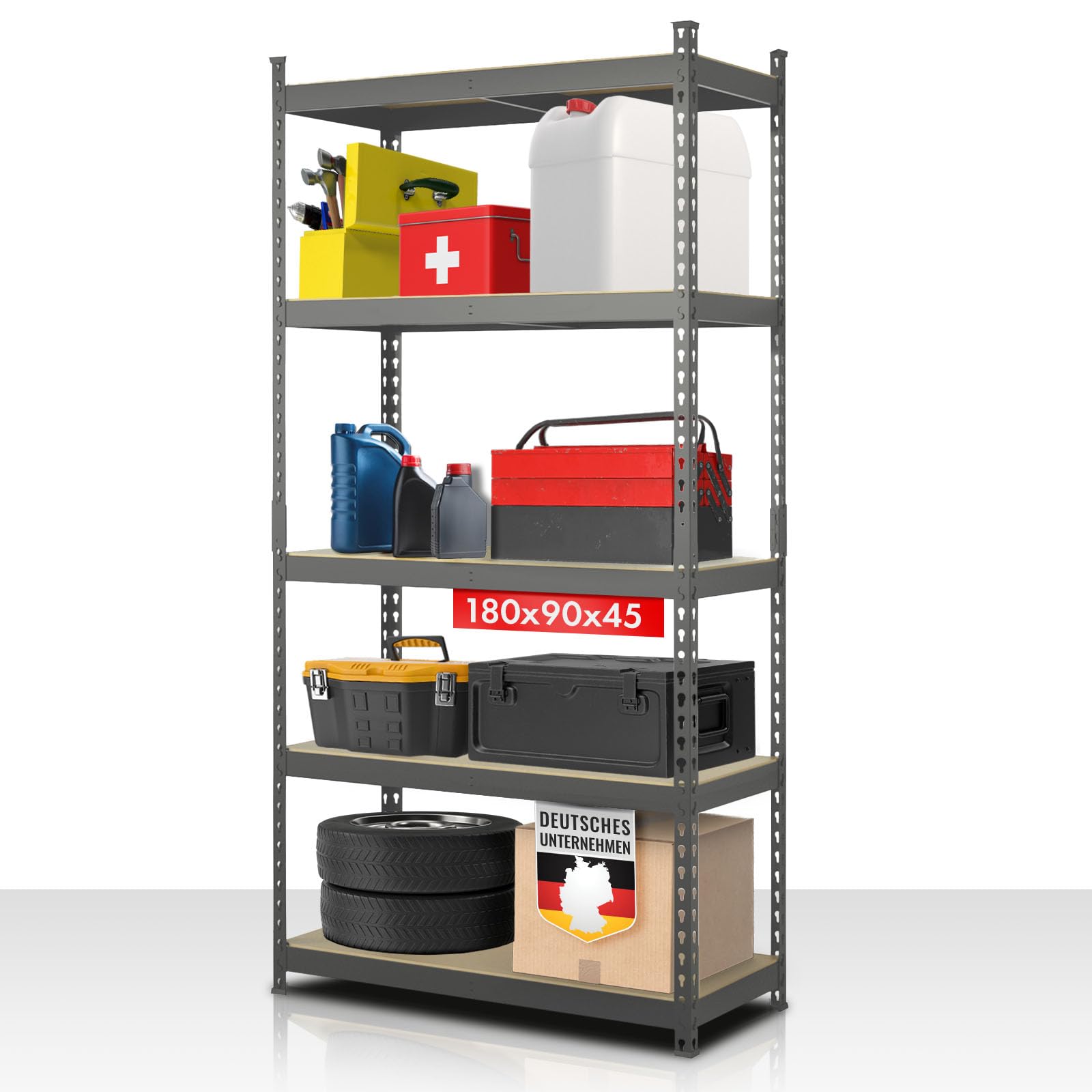 Étagères pour Charges Lourdes - Étagères Enfichables avec 5 tablettes à Hauteur réglable – Rayonnages en métal Idéal pour Cave Garage Entrepôt Stockage, Rhino (Gris, 180 x 90 x 45 cm (HxLxl))