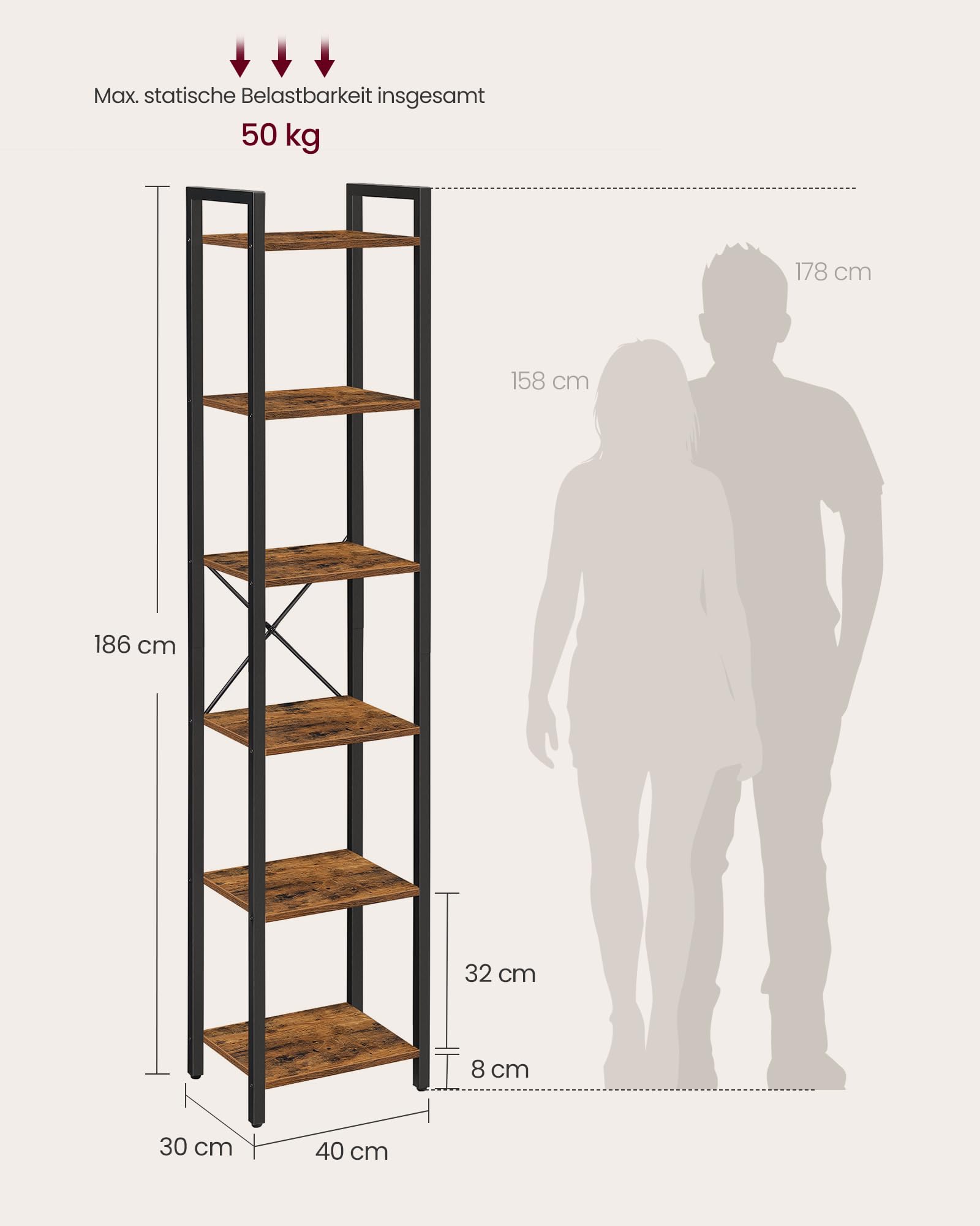 VASAGLE Regal, Bücherregal, Standregal, DVD-Regal, mit 6 Ebenen, Büroregal, offene Ablagen, für Büro, Wohnzimmer, Schlafzimmer, Küche, 30 x 40 x 186 cm, vintagebraun-tintenschwarz LLS101B01