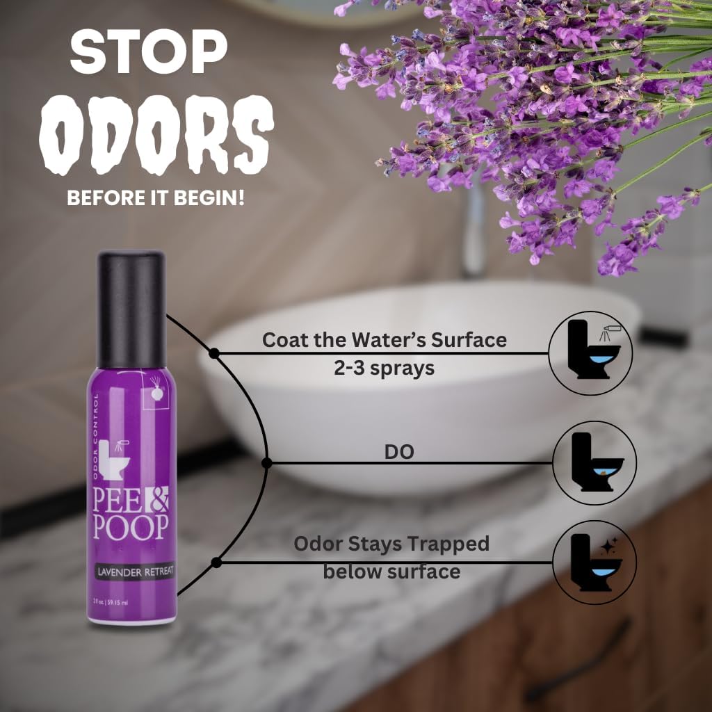 AROMELY Pee & Poo Toilet Odor Control | Before You Go Toilet Spray | Lavender Retreat Essential Oil Blend | Pocket Travel Bathroom Spray for Office, Cruise, Hotel & Shared Restrooms | 60ml