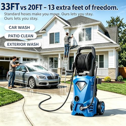 Electric Pressure Washer 5000 PSI Power Washer with 33FT Hose Reel | Powerwashers for Homeowners, 4 Nozzles, 500ml Foam Cannon, Portable power washer for Home, Car Washing, Patio, Blue — view 4