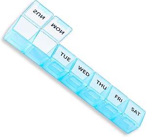 7-Day Weekly Pill Organizer, Travel Pill Case for Vitamins & Medication, Bold Weekday Labels, Light Blue Pill Box with Clear Compartments (Blue)
