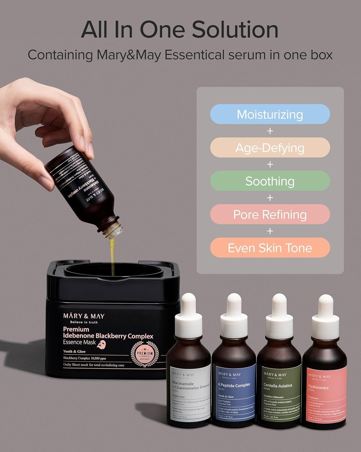 Mary&May Masque Essence Premium à l’Idébénone et à la Mûre | Masque Visage Coréen Anti-Âge à Distributeur Rapide | Vitamine C, Panthénol et Céramide, 20 Feuilles/250g