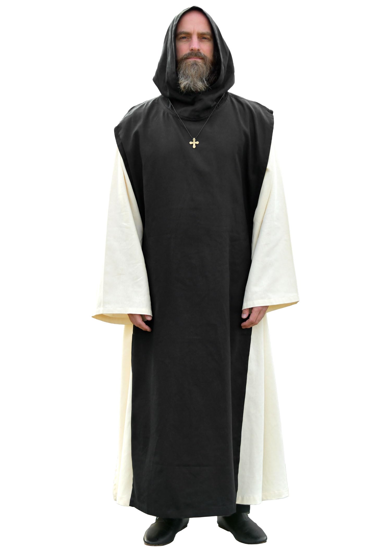 Battle-Merchant Medieval Monk Robe Anselm 2-in-1 Habit with Hood Scapular Natural Black 100 Cotton