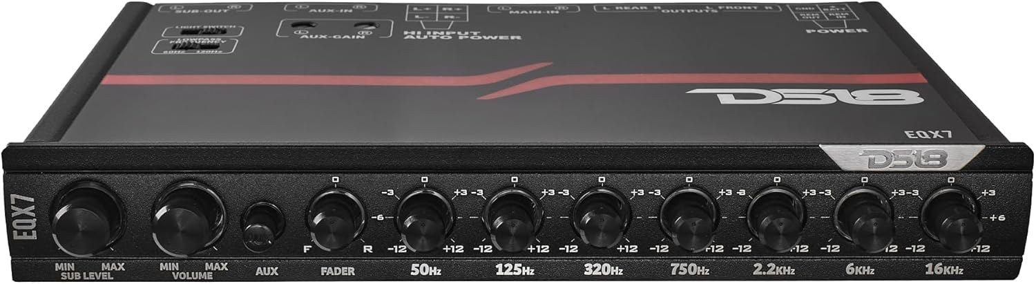 DS18 EQX7 Equalizer 7 Bands with auto Hi/Lo line Selector, Two Rear inputs (Main and Aux), 8 Volts Front, Rear and Sub Output