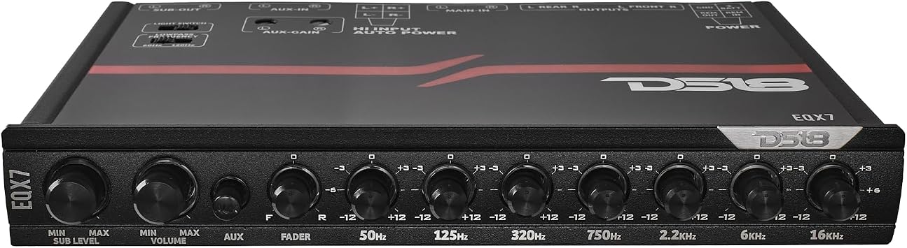 DS18 EQX7 Equalizer 7 Bands with auto Hi/Lo line Selector, Two Rear inputs (Main and Aux), 8 Volts Front, Rear and Sub Output
