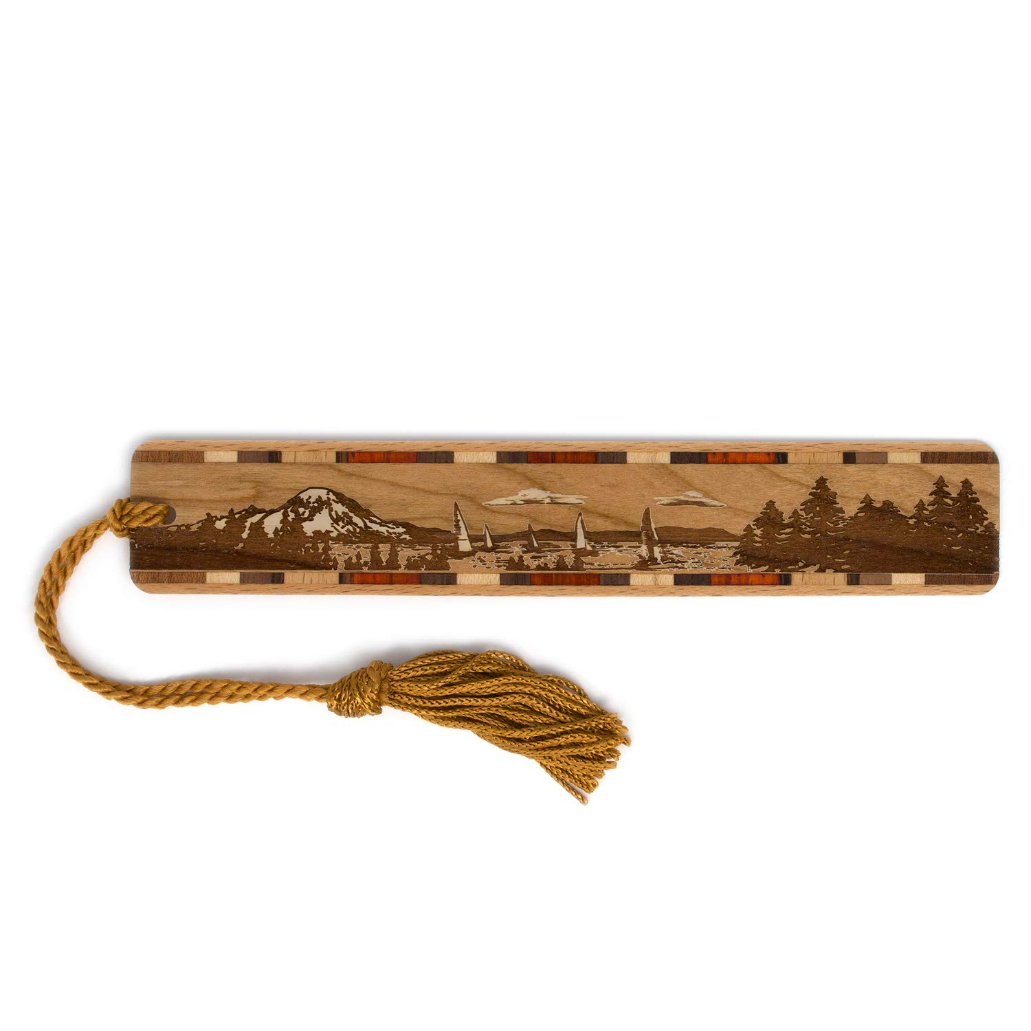 Sailing Scene Engraved Wooden Bookmark | Nautical Sailboat Design | Handmade Wood Bookmark with Copper Collegiate-Style Chainette Tassel | Made in the