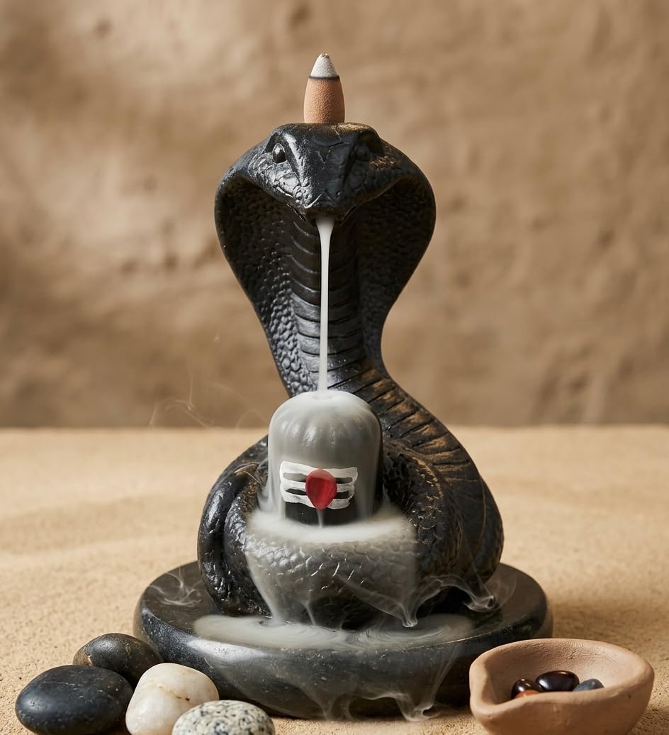 Ani Divine Black Shivling with Vasuki Naag Serpent Backflow Incense Holder Decorative Showpiece Free 10 Smoke Cones for Car Dashboard, Mandir, Temple-image-47