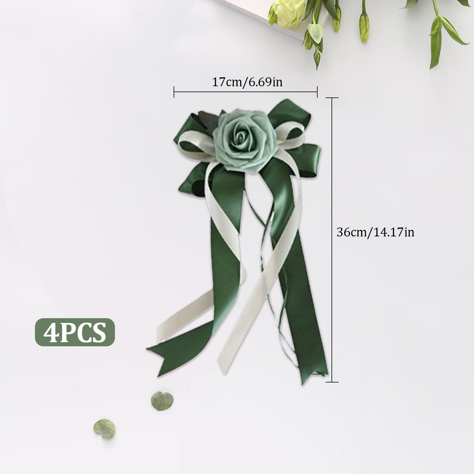 Lot de 4 Noeud Voiture Mariage, Décoration de Voiture de Mariage, Ruban Satin Decoration Mariage, Simulation de Rose, pour Mariage, Fête