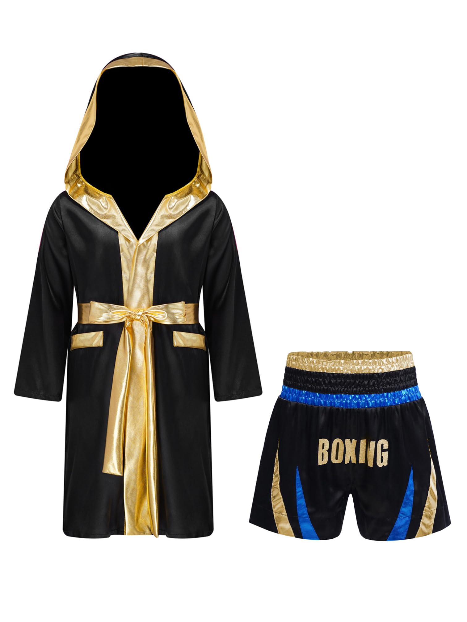 MSemis Abbigliamento Boxe Bambino Ragazzo Pantaloncino Kick-Thai Pantaloncini Muay Thai + Cappotto da Kickboxer con Cappuccio Costume da Allenamento da Pugile