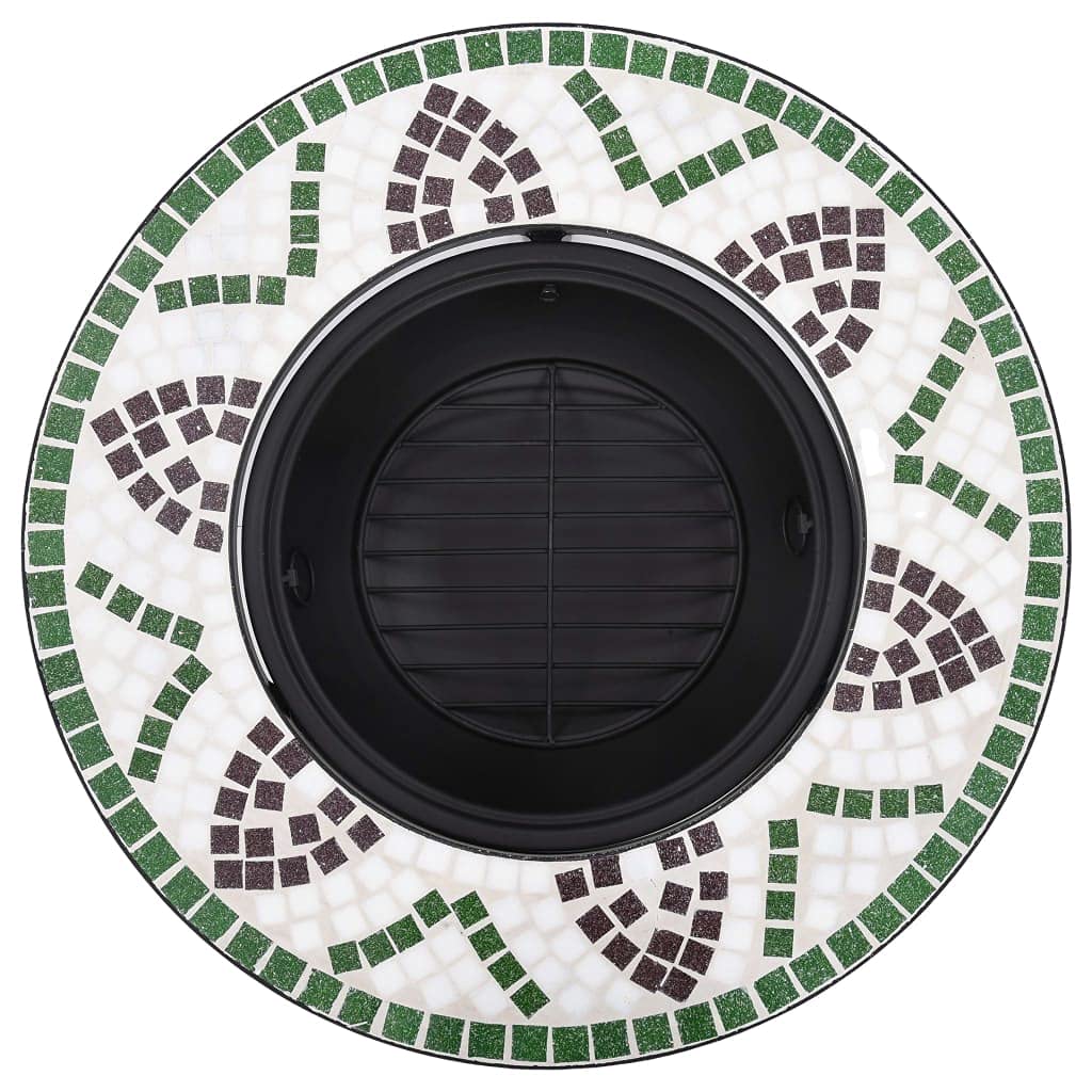 Braciere a mosaico in ceramica verde, 68 cm, in acciaio, per giardino, terrazza, con ripiano per legna, legna da ardere, barbecue e calore accogliente all'aperto