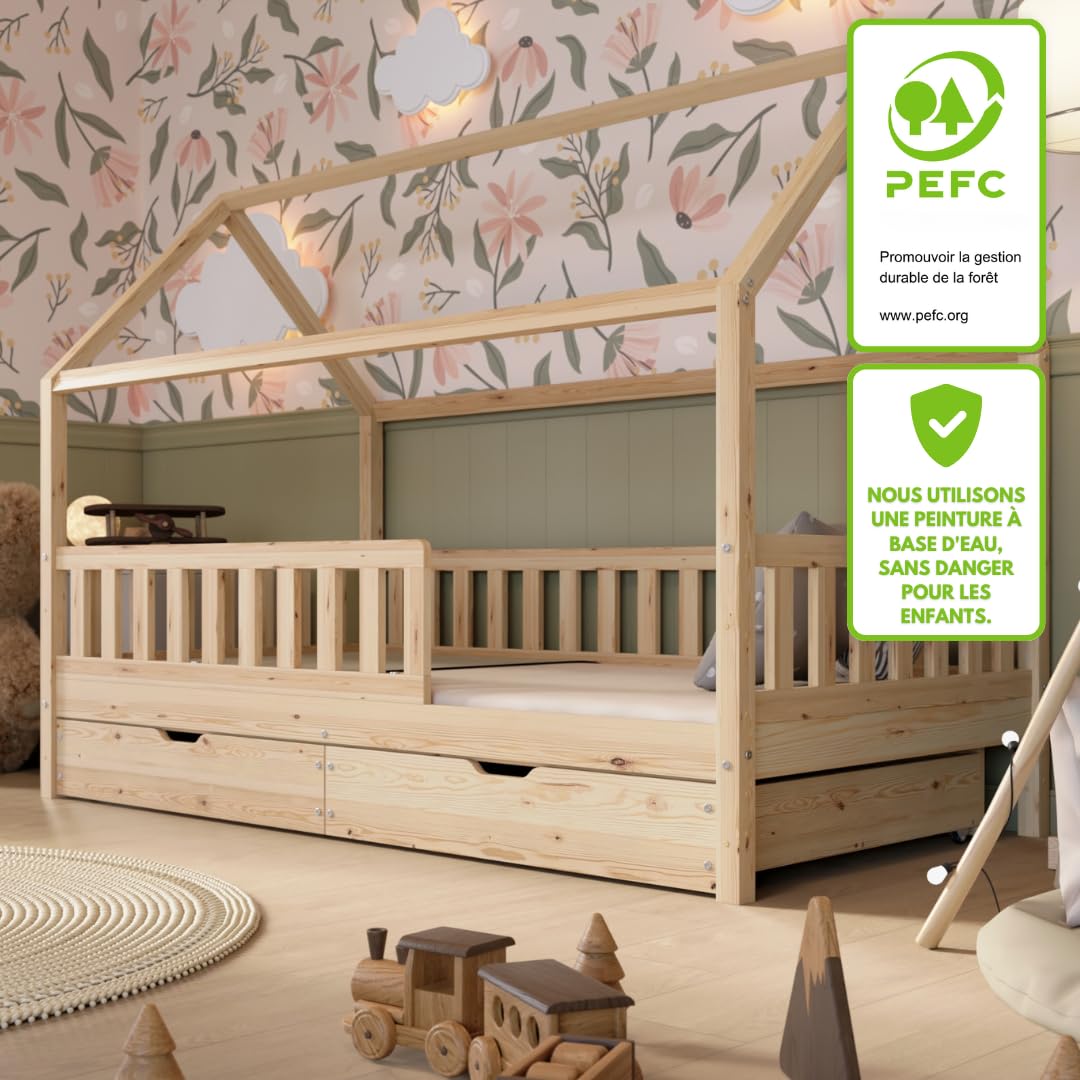 Crazy Blanco Lit de maison avec tiroirs, 90 x 200 cm, en bois naturel, avec protection anti-chute, design scandinave, lit de sol Montessori avec espace de rangement supplémentaire